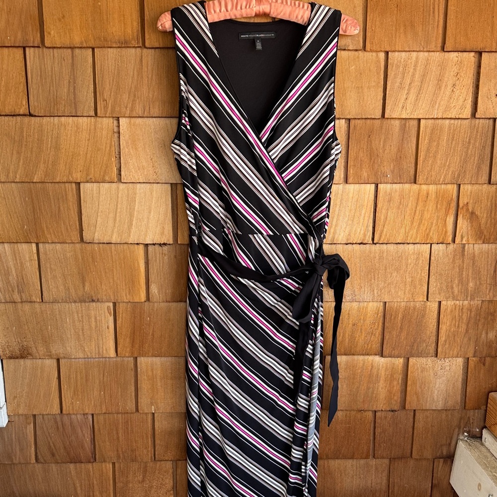 White House Black Market Black Wrap Midi Dress with Pink & White Stripes